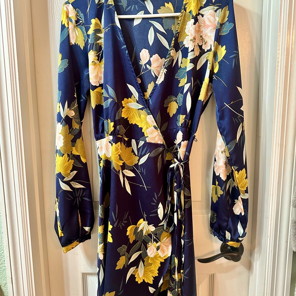 Floral Wrap Dress in Navy and Yellow